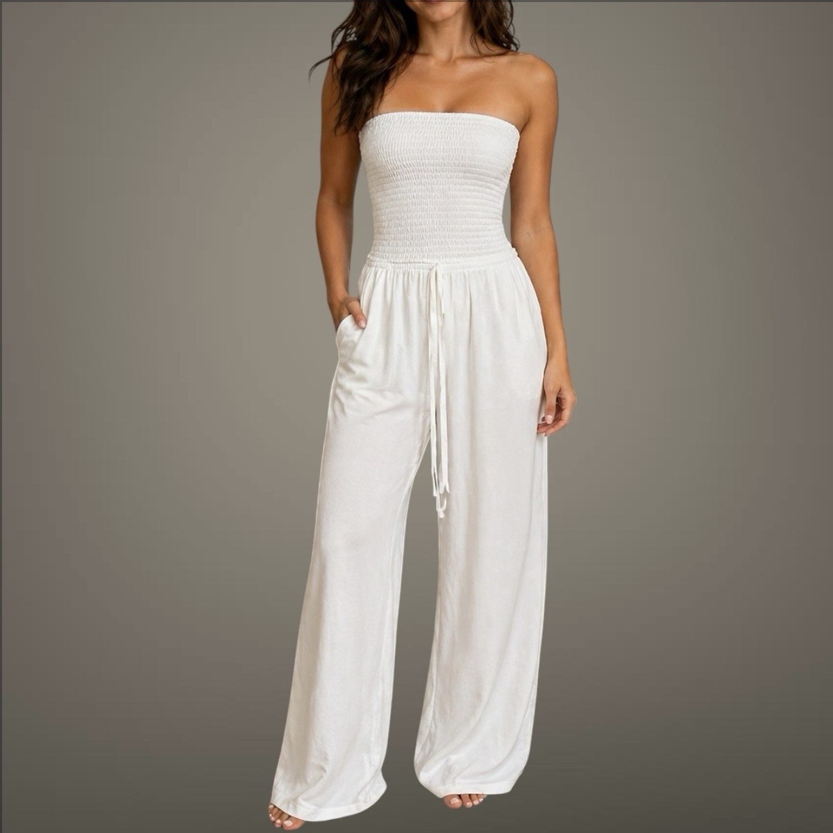 NWT Zenana White Strapless Smocked Jumpsuit Wide Leg Pockets Flowy