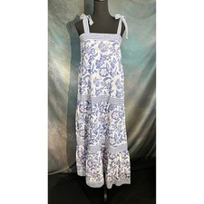 Madison Mathews Blue Floral Maxi Dress Tie Shoulder Tiered Cotton Size Large
