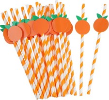100 Pcs Orange White Striped Paper Straws Cute Fruit Themed Disposable Drinking