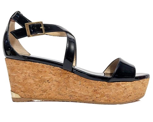 Jimmy Choo Champagne Leather Espadrille Wedge High Heel Sandals US