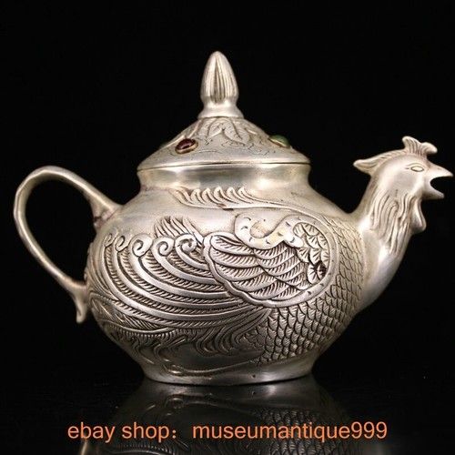 5.6" ancient China Chinese silver inlay gem Phoenix bird Wine Tea Pot Flagon - Picture 7 of 9
