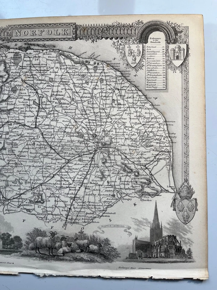 mapa antiguo de Norfolk 1848 grabado Thomas Moule Barclay's Dictionary Foto 3 de 4