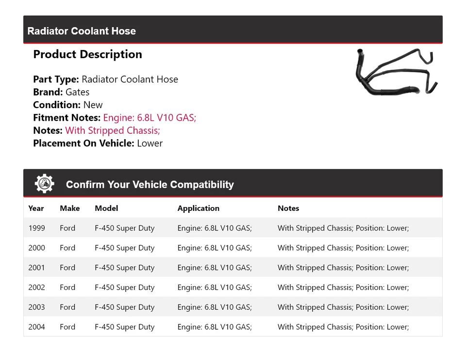 For 1999-2004 Ford F-450 Super Duty Radiator Coolant Hose Lower Gates 2000 2001 - Image 2 of 3