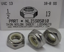 1/2-13 THIN NYLON INSERT LOCK NUTS 18-8 STAINLESS STEEL (5)