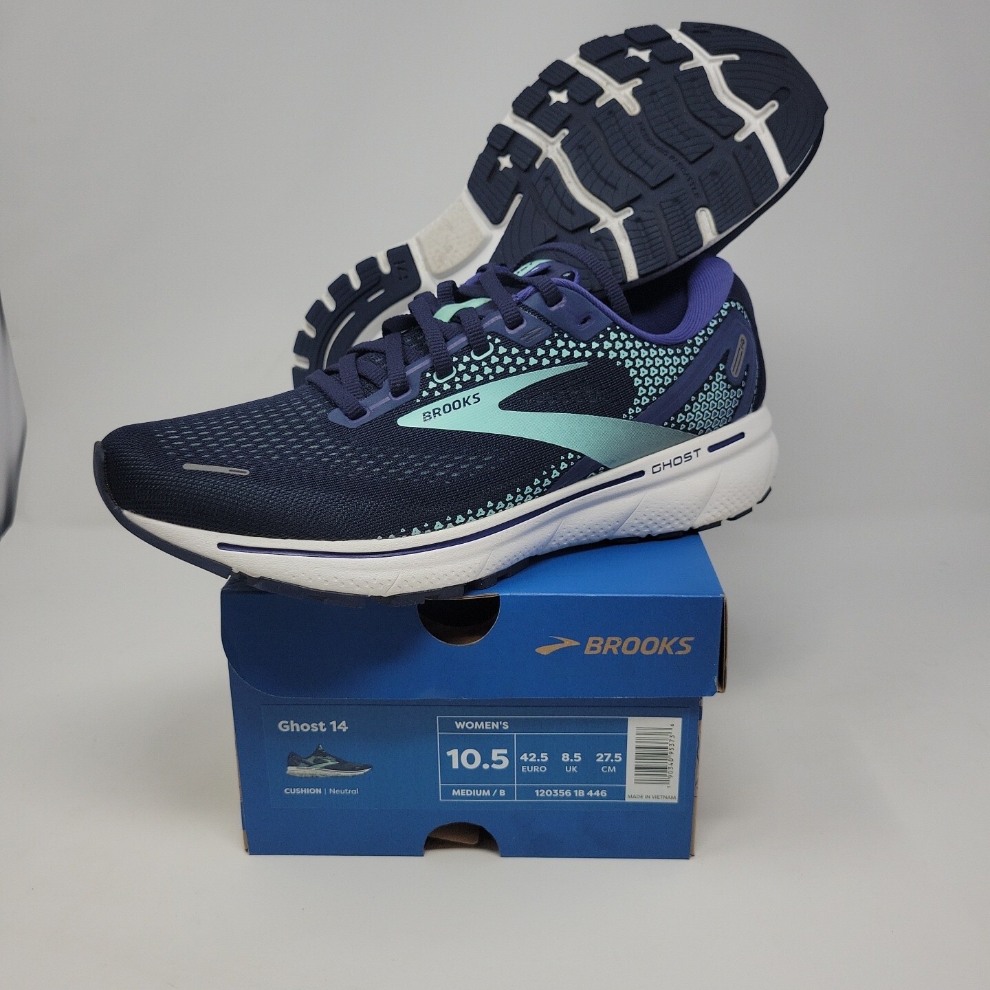 Brooks Womens Ghost 14 Peacoat/Yucca/Navy Running Shoes Size 10.5