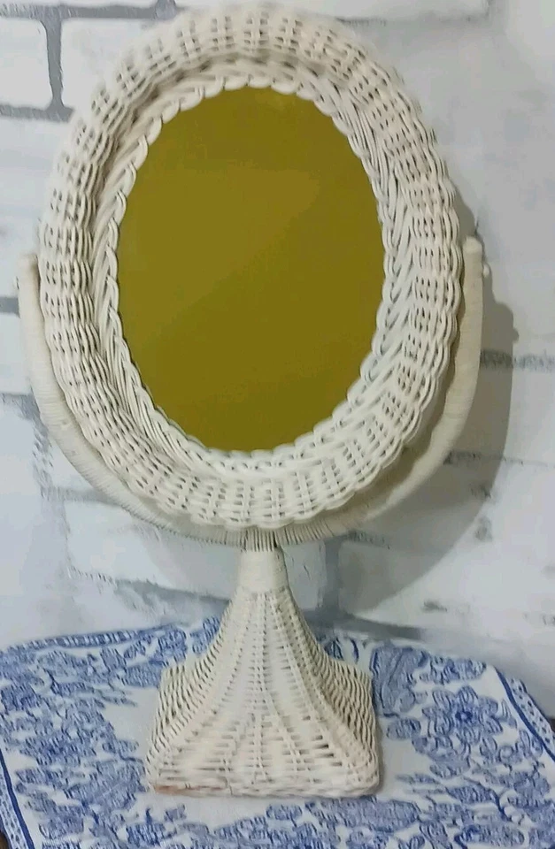 Vint плетеный ротанг и дерево овальное зеркало столешница поворотный туалетный столик белый коттедж - Изображение 3 из 4