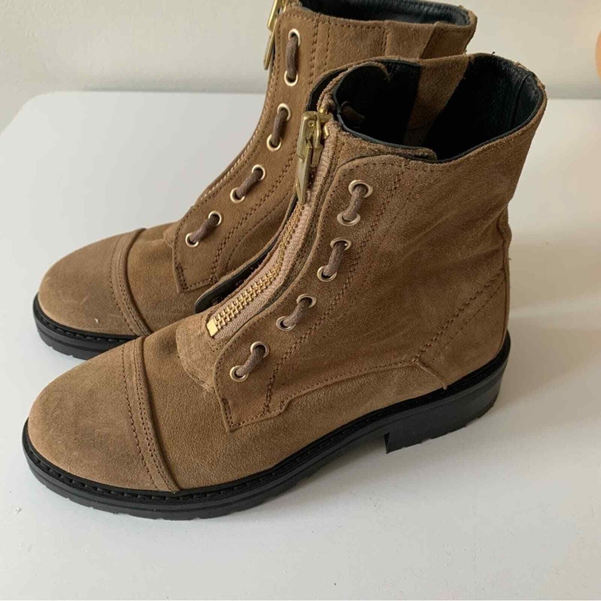 ALLSAINTS Milla Ariel Front Zip suede Cognac combat boots Sz 36/US