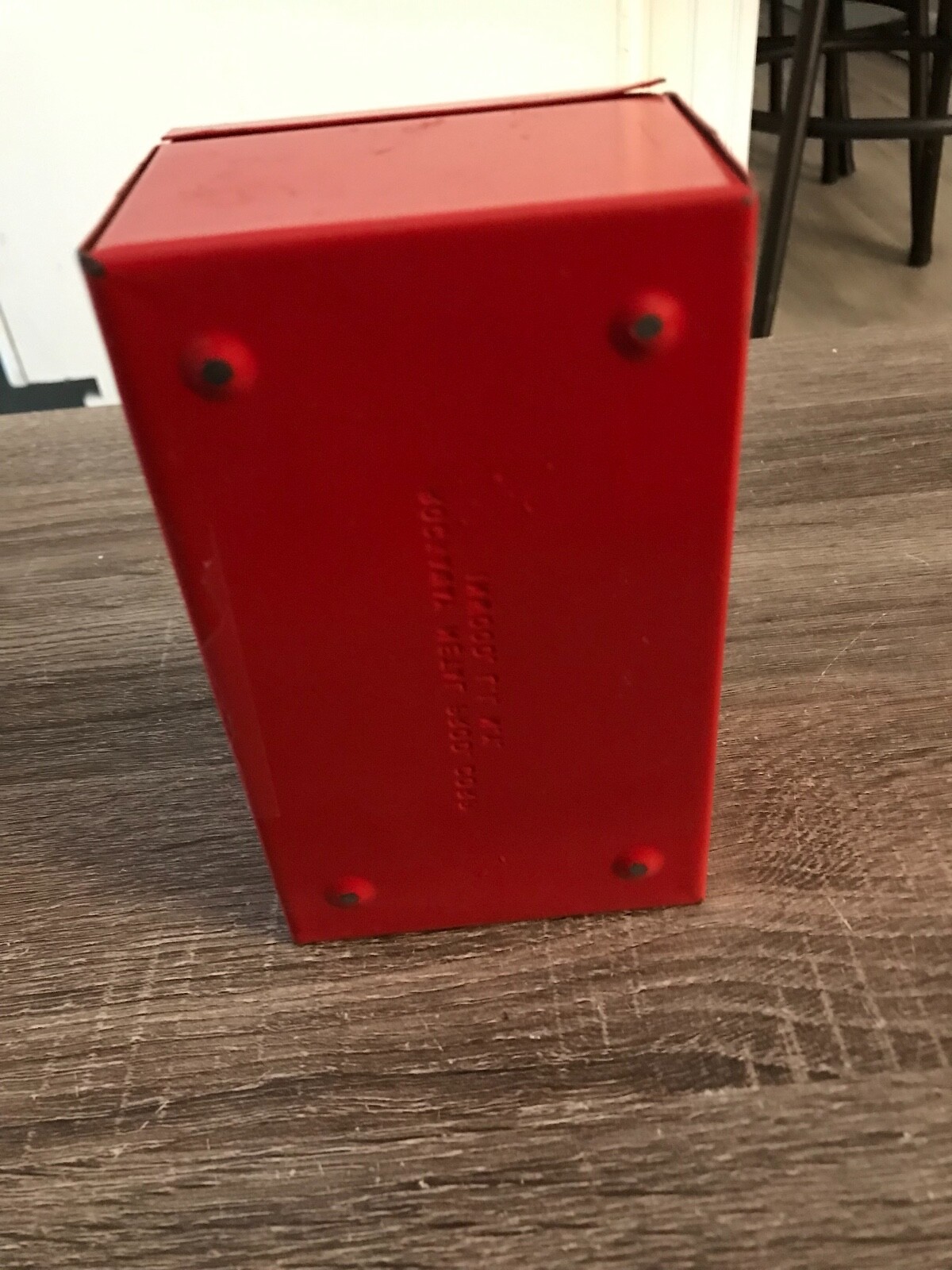 Vtg  Rockaway Metal co.  Coin Bank 5.5x3.5x2.5" No Key But Works Push Button RED