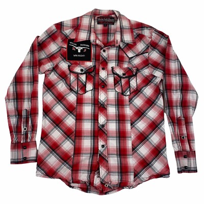 Rock & Roll Cowboy Mens Small Plaid Western Long Sleeve Snap Button Red White