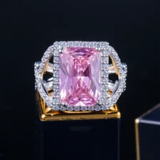 Pink Cubic Zirconia Crystal CZ Big Square Cut Finger Ring White Gold Jewelry