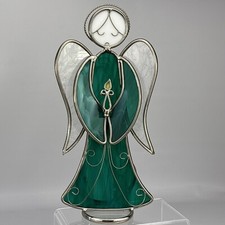 10" Green Stained Glass  Metal Christmas Angel Sun Catcher Vtg Holding Candle