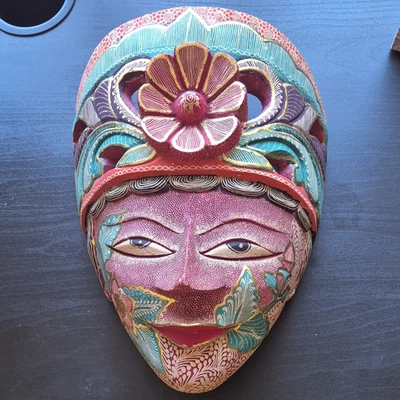 SEKTI Wall Mounted Indonesian Painted Wood Mask, Floral, Multicoloured - Image 1 of 3