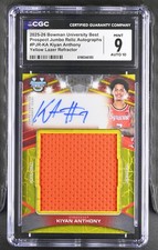 KIYAN ANTHONY 2025 BOWMAN U BEST YELLOW LAZER ROOKIE PATCH AUTO SP 42/75 CGC 9
