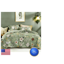 Litanika Floral Green Quilt - 3 Pieces Sage Botanical Birds Pattern Quilt