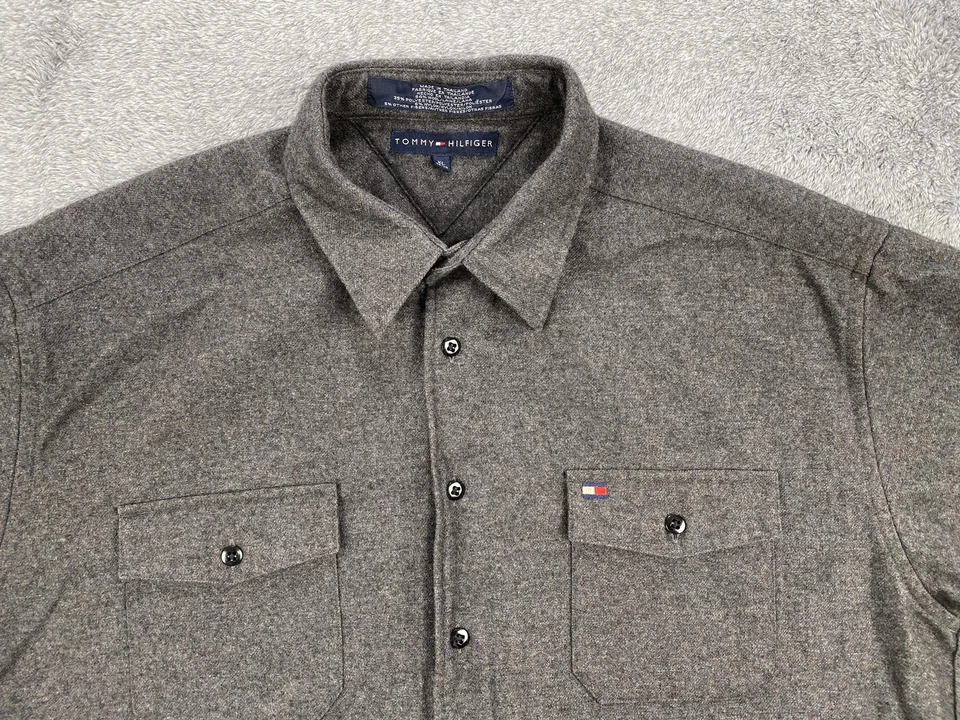 Camisa masculina Tommy Hilfiger XL cinza mistura de lã botão para cima bolso de flanela casual - Imagem 4 de 4