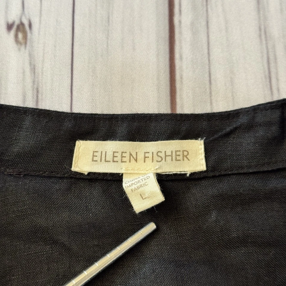 Eileen Fisher 100% Irish Linen Button Front Top Black L Lightweight Lagenlook - Image 3 of 4