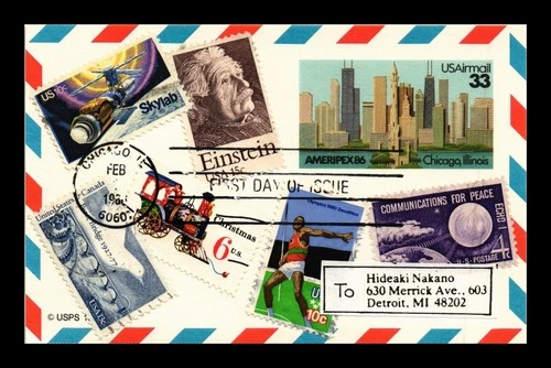 DR JIM STAMPS US FIRST DAY CARD AMERIPEX 86 CHICAGO ILLINOIS AIR MAIL COMBO