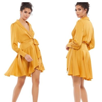 NWT Mac Duggal Cocktail Mini Long Sleeve High Low Wrap Dress size 2 gold