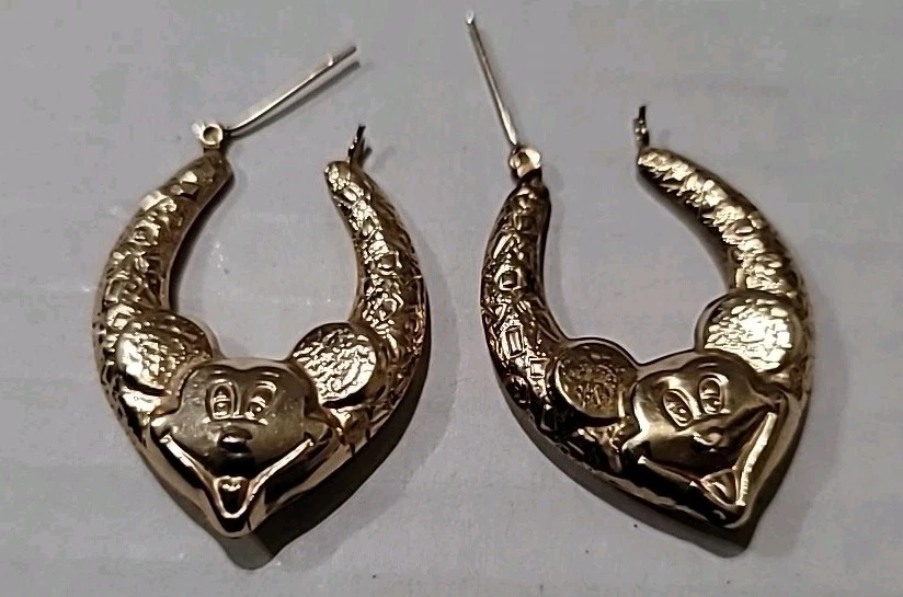 Pendientes estilo aro vintage de oro hueco amarillo de 10 k de Mickey Mouse de Disney Foto 3 de 4