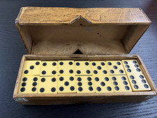 Antique Double-Six Dominoes - 28pc French Ivory Celluloid - Folk Art Cigar Box