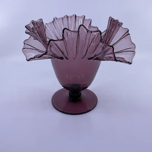 Blenko Art Glass #388 Purple Ruffle Blown Glass Pedestal Vase 7 3/4”