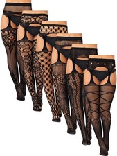 6 Pairs Women Plus Size Fishnet Thigh High Stockings Suspender Garter Belt Li...