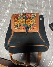 Black Brown Floral Flap Backpack Medium Snap Closure Adjustable Straps Pockets