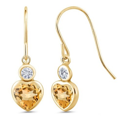 14K Yellow Gold Earrings Heart Shape Citrine and Moissanite (1.12 Cttw)