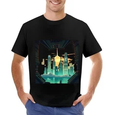 Men's Cotton Short Sleeve T-Shirt with Futuristic Cityscape Design  -All cotton