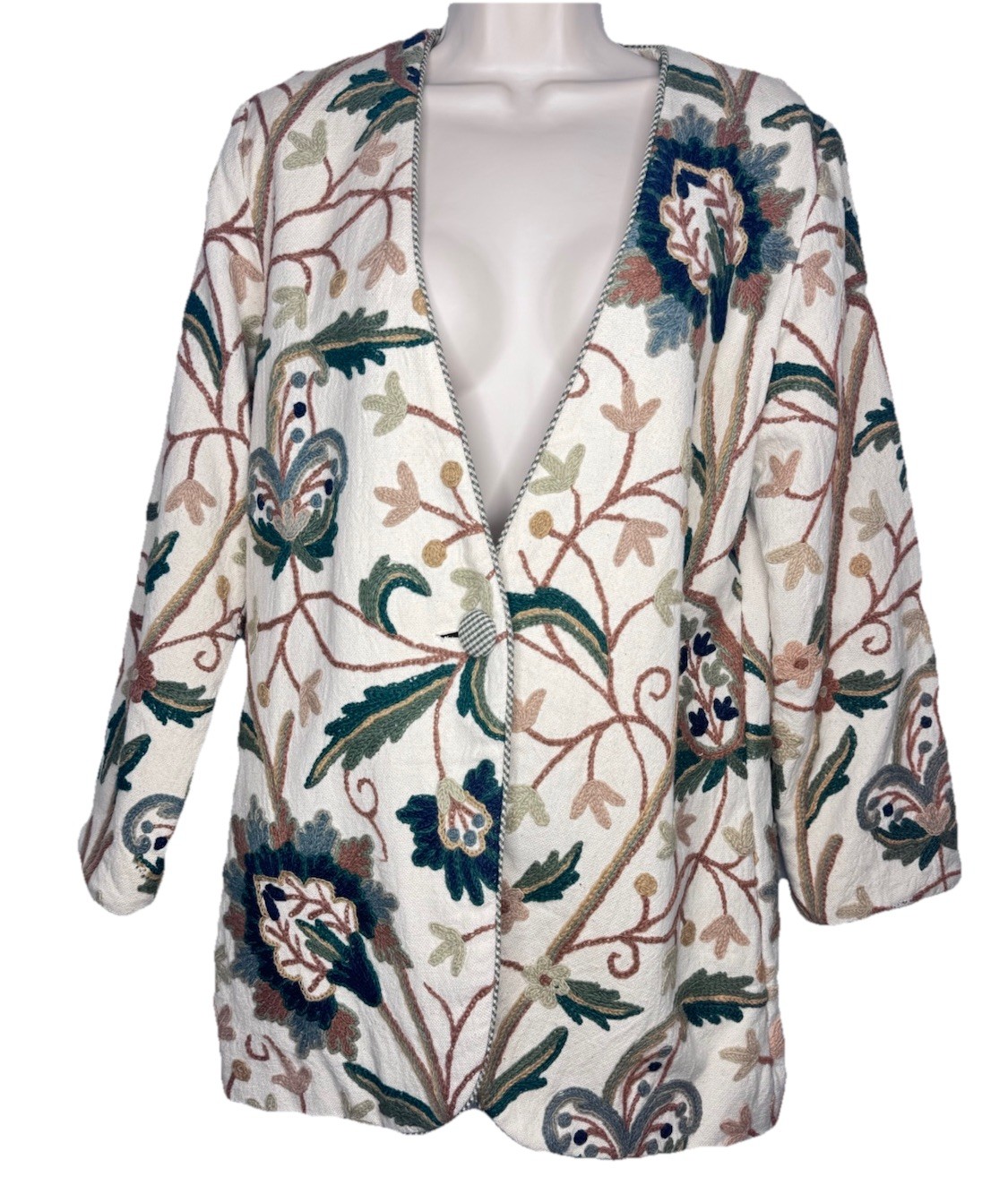 Giacca cappotto un bottone cotone pony dipinto ricamo floreale taglia L