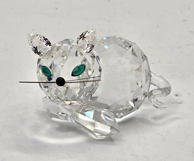 Vintage Swarovski Style Faceted Crystal Mouse Figurine with Green Eyes