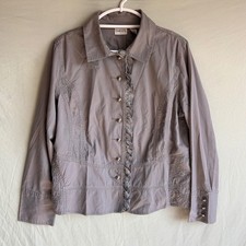 Chicos Women Size 2 large Grey Purple Embroidered Ruffle Lace Button Jacket
