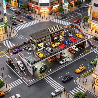 Diorama 1/64 Die-Cast Car Garage Model Street LED Repair Building Scene Gifts US