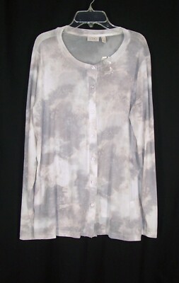 LOGO Lori Goldstein Gray Watercolor Nylon Mesh Top L Layer Sheer Button New FLAW