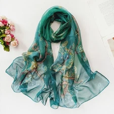 Dark Green Floral Fashion Scarf - Women's Chiffon Printed Soft Fashion Wrap