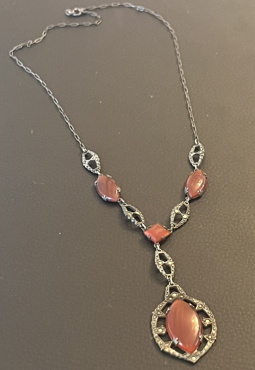 Antique Art Deco Sterling Silver Carnelian Marcasite Necklace 19