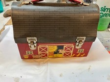 The American Thermos Products Co Vintage Red Farm Barn Dome Metal Lunchbox
