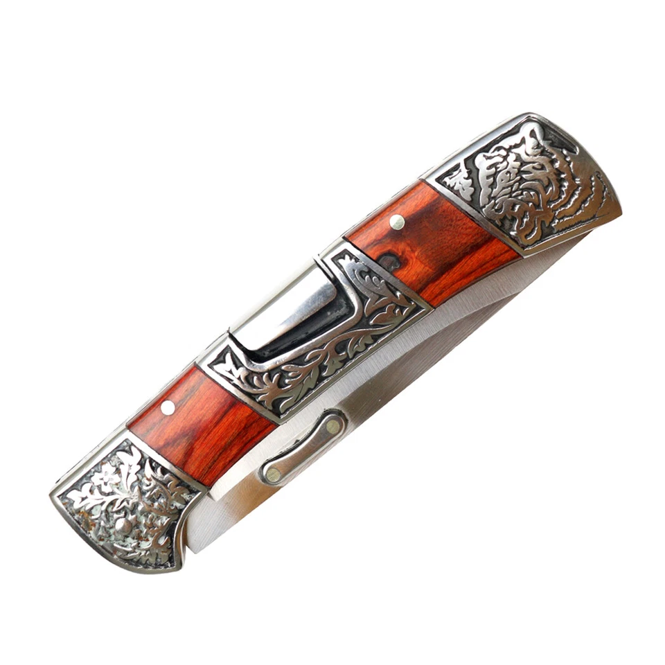 TheBoneEdge 9 英寸红色 Pakkawood 手柄雕刻设计折叠刀 3CR13 着色 — 第 2/2 张图片