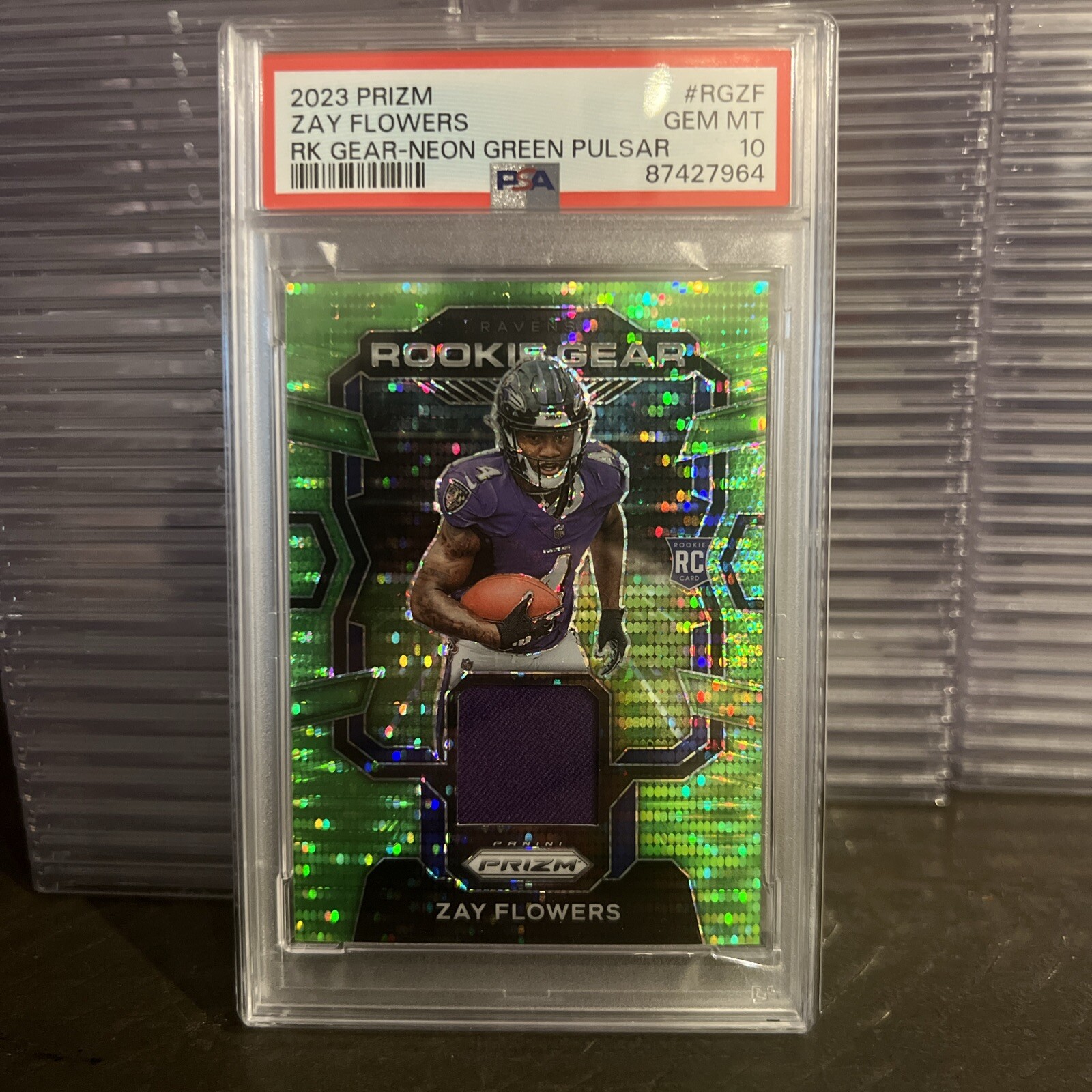 Zay Flowers RC 2023 Prizm Rookie Gear Neon Green Pulsar Rookie PSA 10 GEM MINT