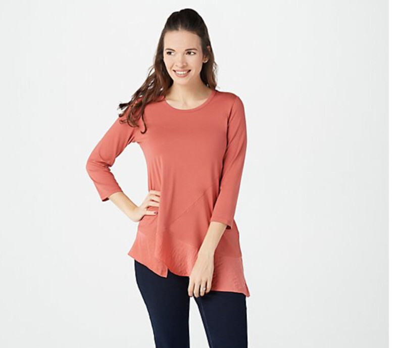 LOGO by Lori Goldstein Rayon 230 Top with Asymmetric Satin Hem Coral Med A375079