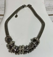 zad necklace silver tone rope chain with multiple ring shaped pendants 18” W 3”x