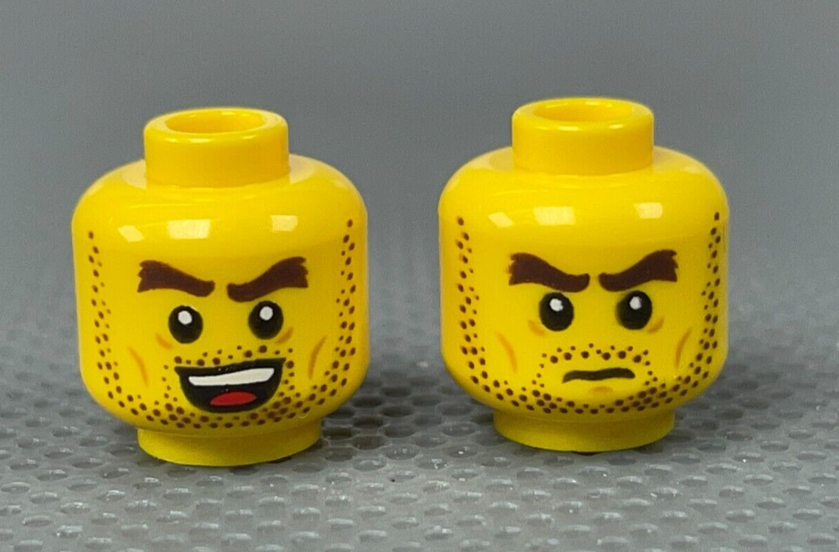LEGO Minifigure Head Dark Brown Beard Stubble Eyebrows Grumpy Open