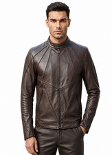 Brown Leather Jacket Men's Real Genuine Stand Collar Slim Fit Biker Jacket
