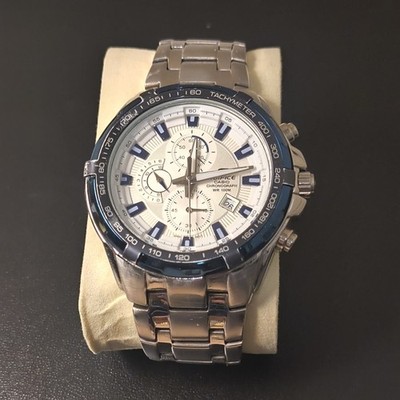 Casio Edifice Chronograph Wristwatch White Dial Blue Bezel Stainless Steel Quar 