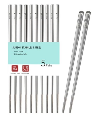 Essstäbchen aus Edelstahl 23cm, 5 Paar, Spülmaschinenfest, Rutschfeste Metall... - Bild 1 von 4