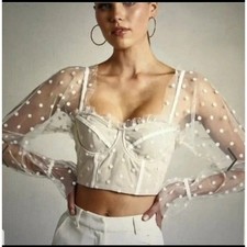 Runaway The Label Polka Dot Mesh Sleeve Corset Crop Top Beige Cream Small US 4
