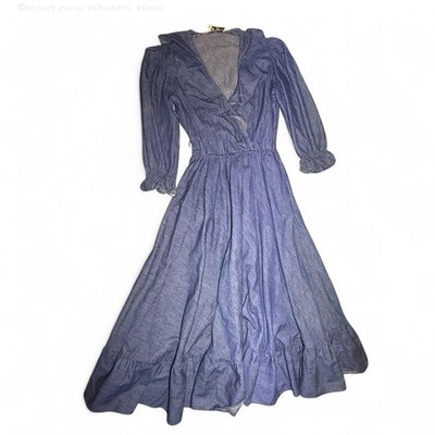 Vintage Popi Denim Blue Long Maxi Dress V-Neck Puff Sleeve Ruffle Hem | eBay