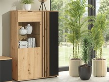 Glass Display Cabinet Buffet Unit Slatted Fluted Black Oak Storage Vabres