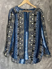 Nine West Lucy Top XXL Blue Popover Batik Beige Yellow Long Sleeve Tunic