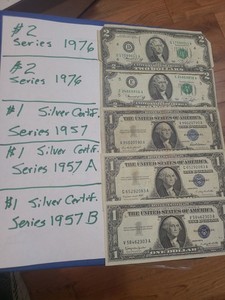 Two $2 Dollar Bills 1976 Series,Three $1 Bills Series 1957, 1957 A, 1957 B 